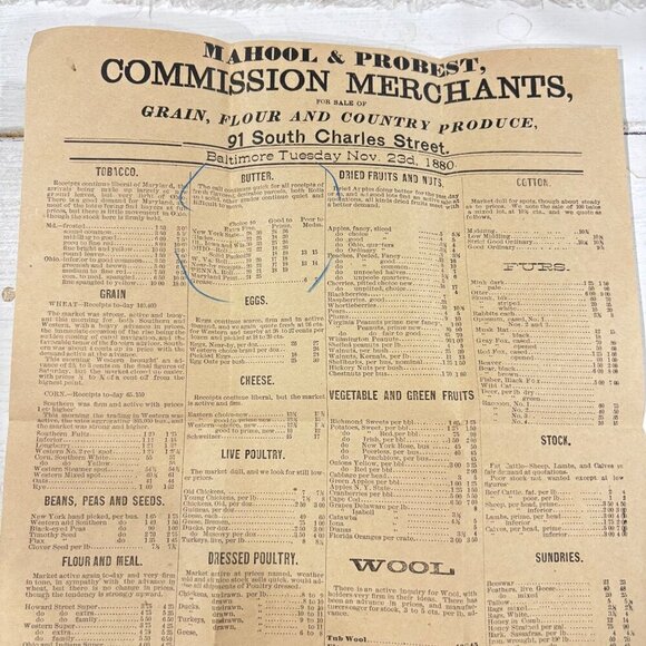 Antique 1880 Mahool & Probst Commission Merchants Newspaper Broadside EPHEMERA - Picture 7 of 8